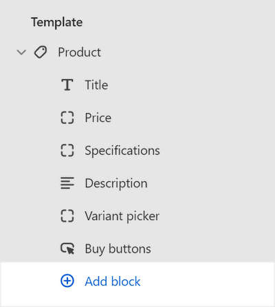The Add block menu in Theme editor for the product section.