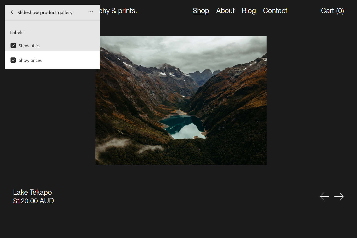 An example Slideshow product gallery section on a store's Collections slideshow page.
