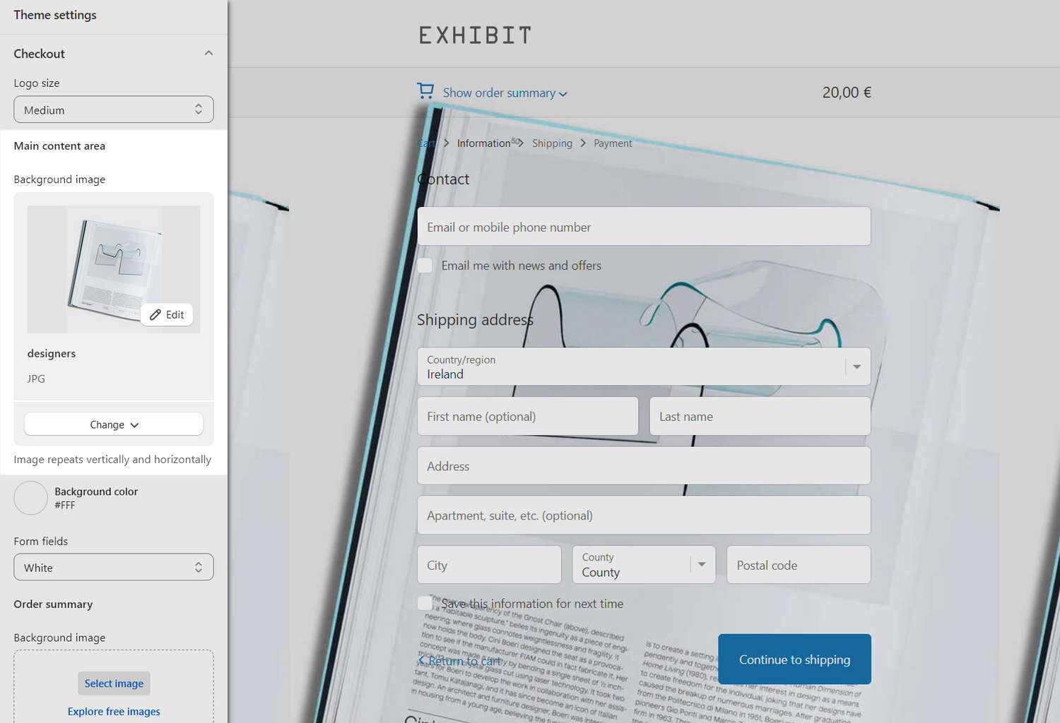 An example store's homepage with the Theme settings's Checkout menu open in Theme editor.