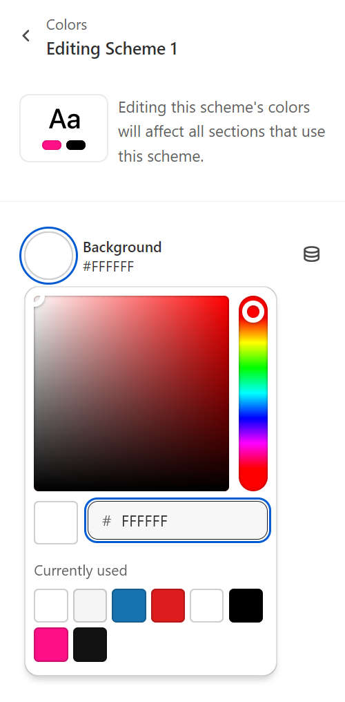 An example store's homepage with the Theme settings's Colors menu open in Theme editor.