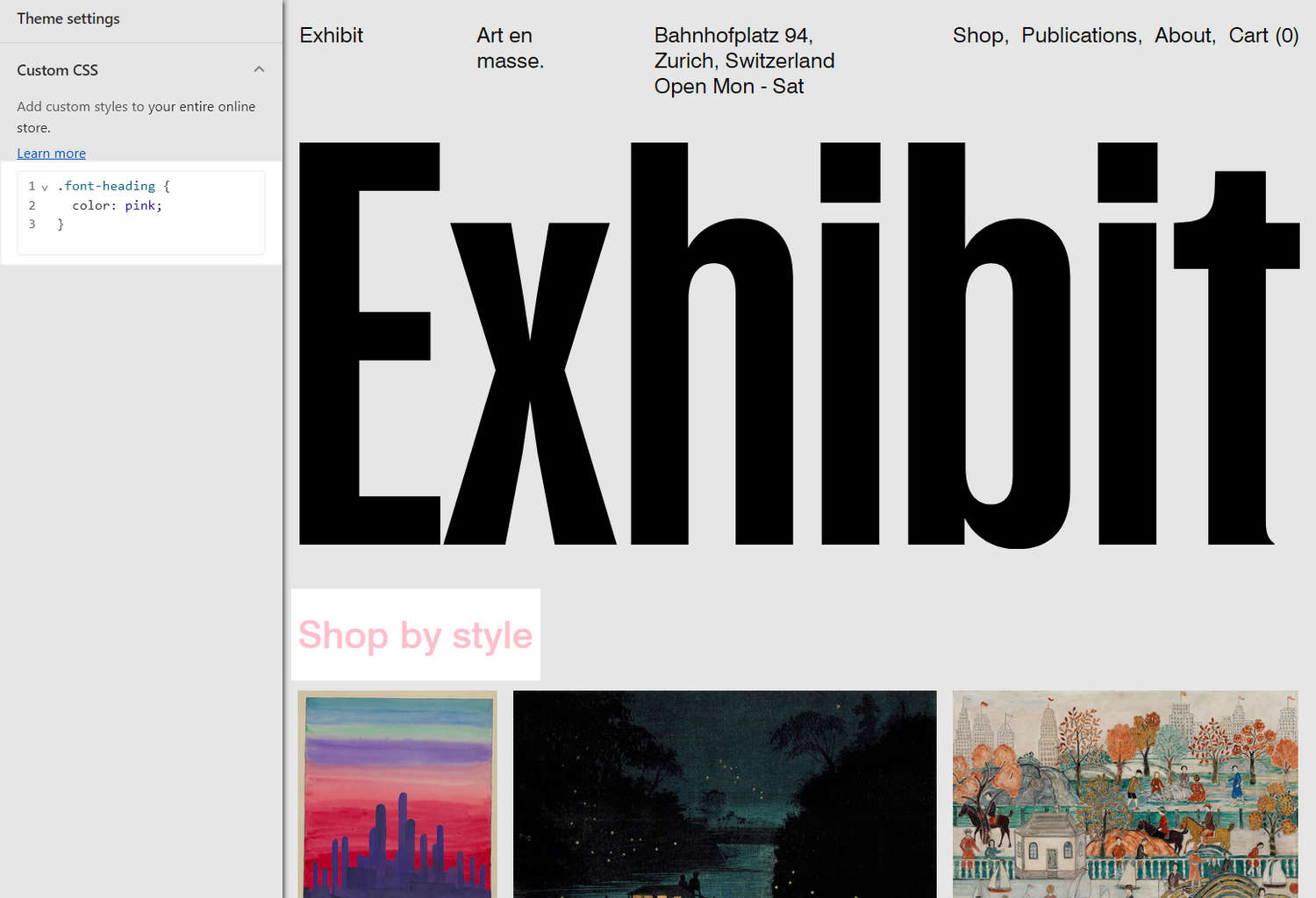 An example store's homepage with the Theme settings's Custom CSS menu in Theme editor.