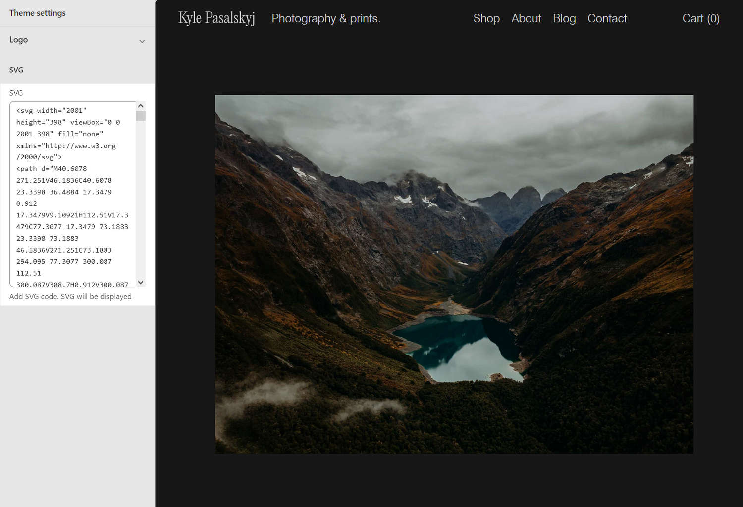 An example store's homepage with the Theme settings's Logo menu open in Theme editor.