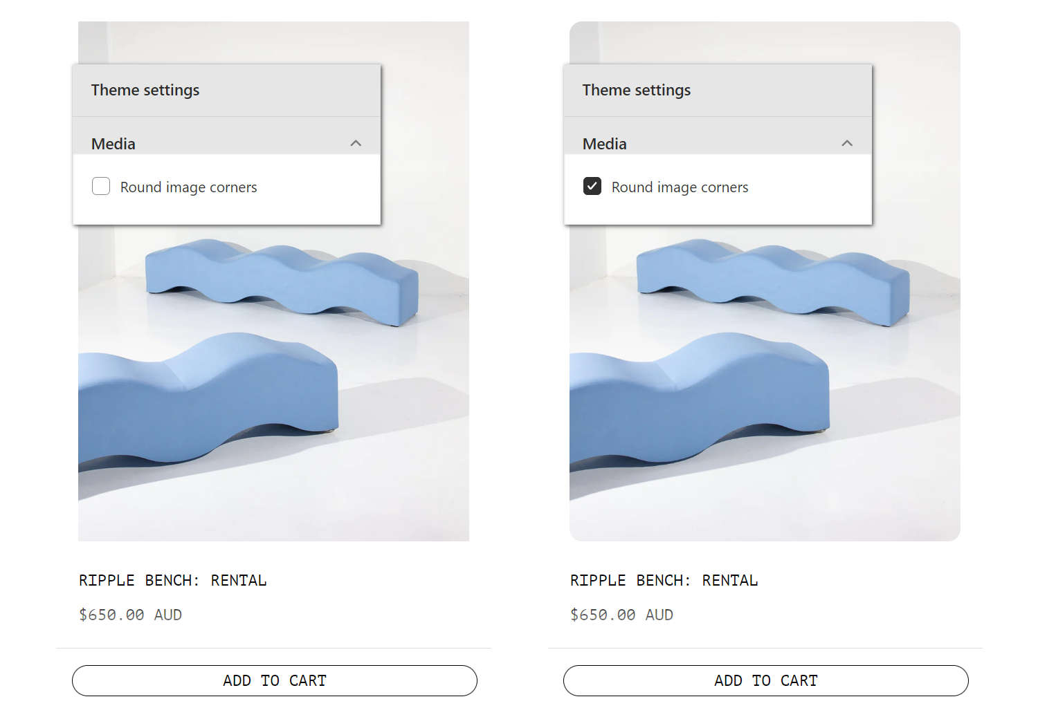 An example store's homepage with the Theme settings's Media menu open in Theme editor.
