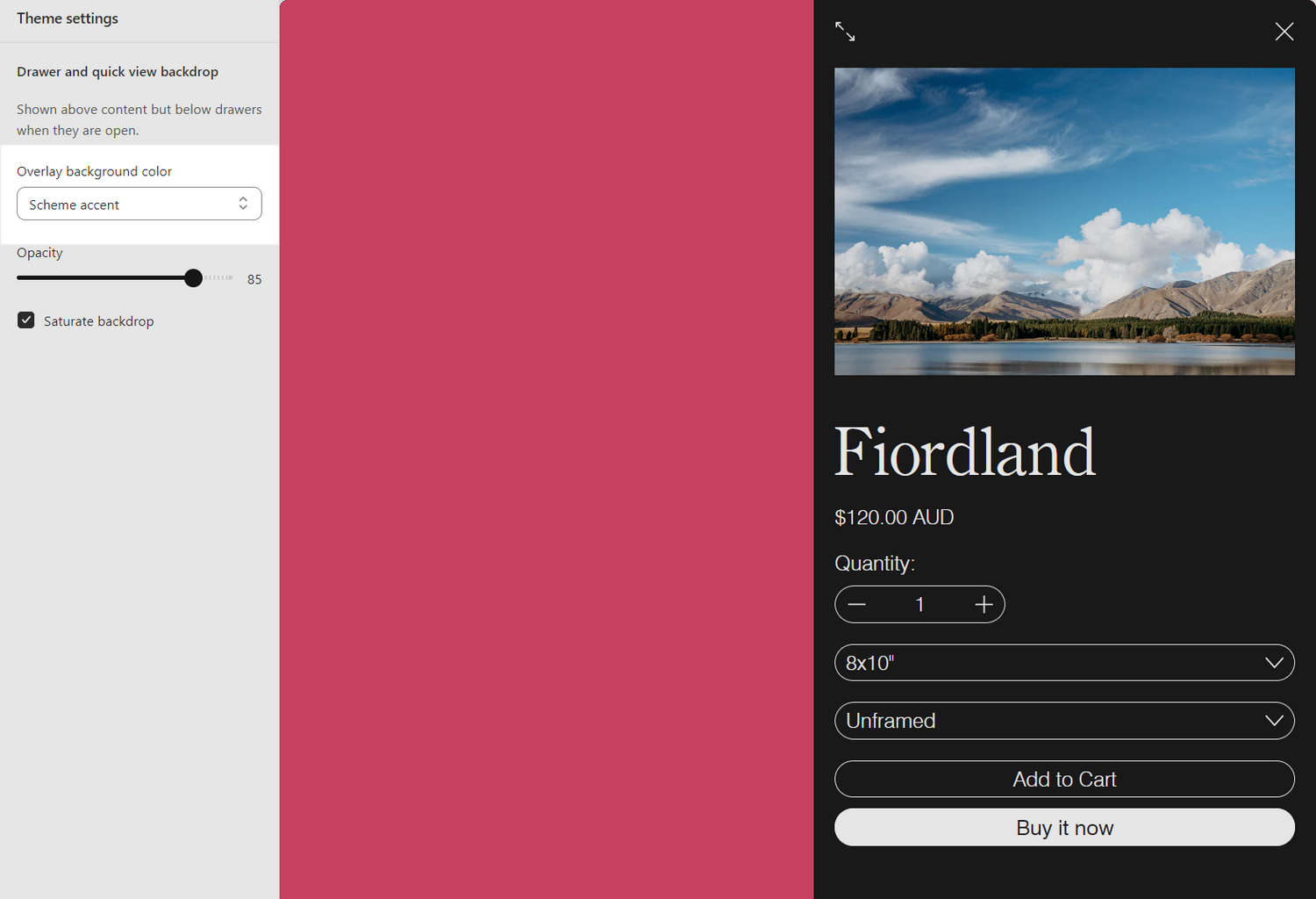 An example store's homepage with the Theme settings's Modals and drawers menu open in Theme editor.