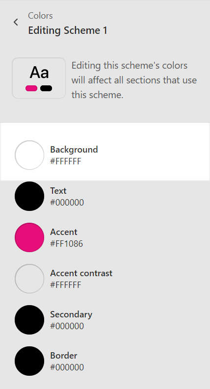 The expanded Colors menu section in Theme settings with the Background setting selected.