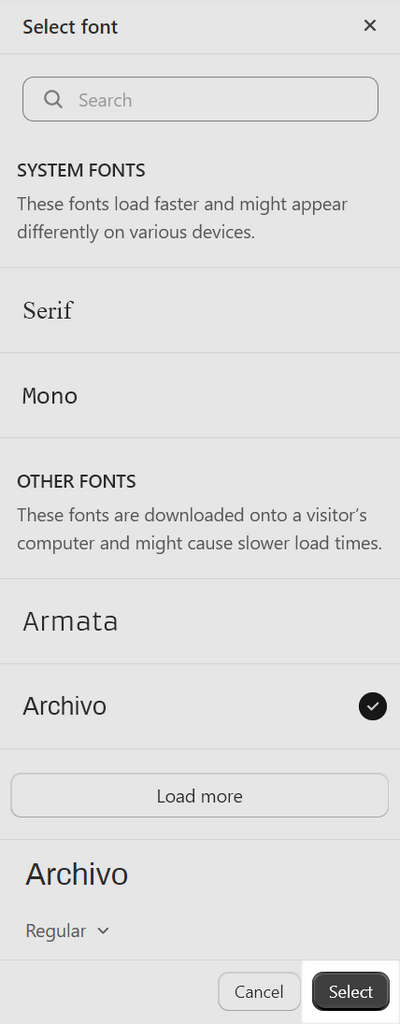 The font picker's select button in Theme setting's Typography menu.