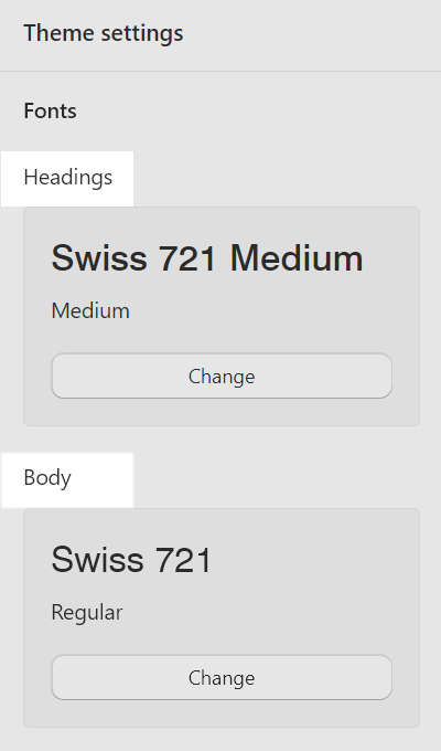 A list of the types of text with font pickers in the Font area of Theme setting's Typography menu.