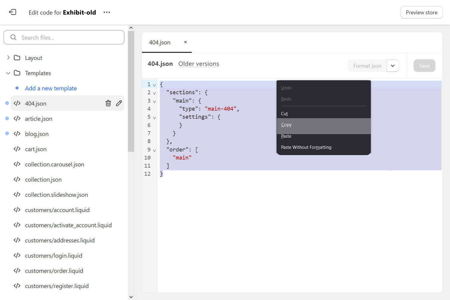 JSON file content selected in Code editor for copying.