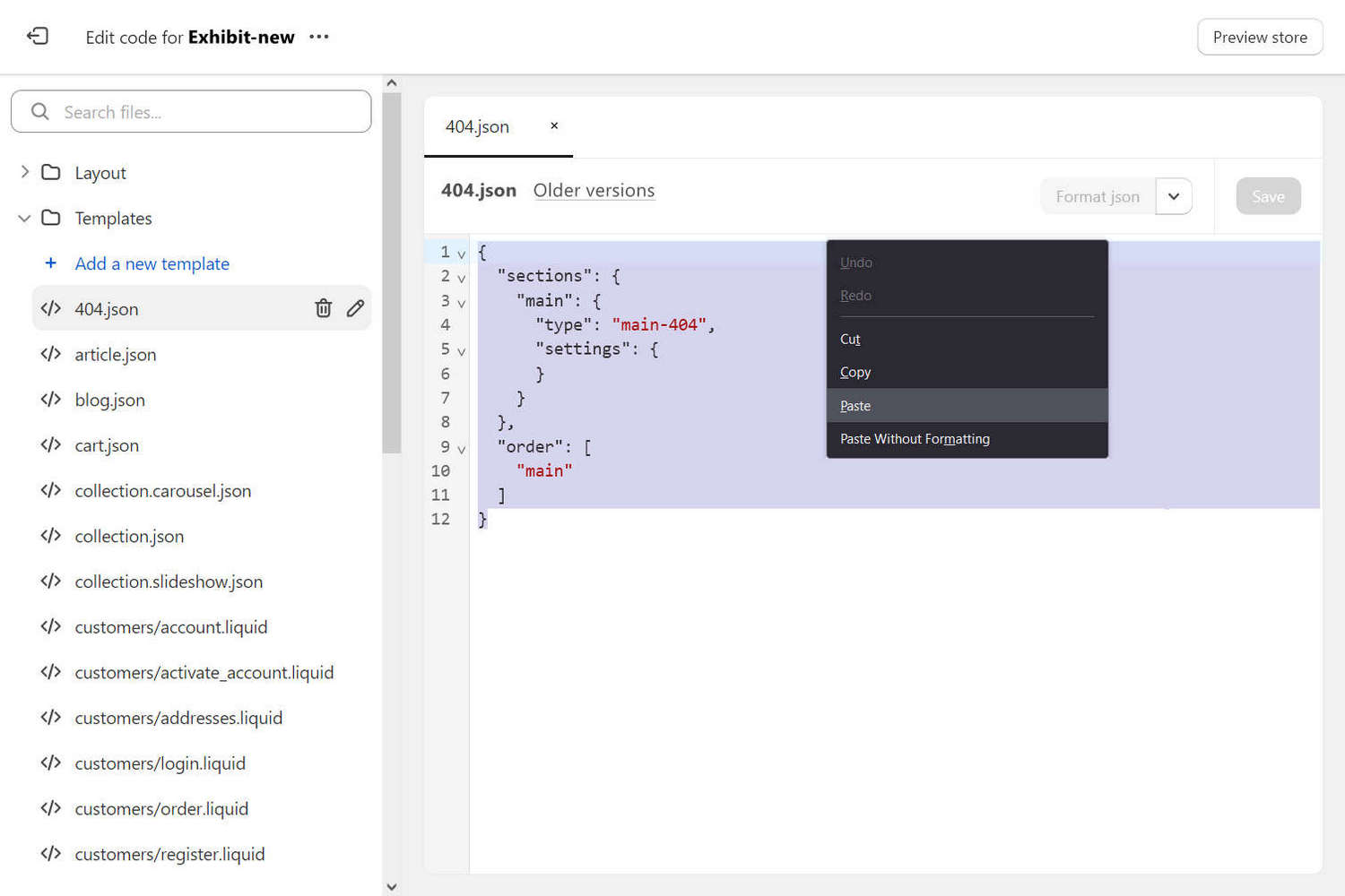 JSON file content selected in Code editor for pasting.