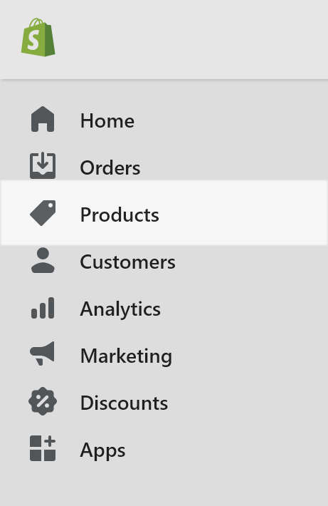 The Products option in Shopify's admin settings menu.