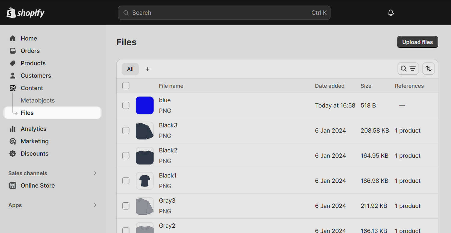 The Files menu option in Shopify admin.