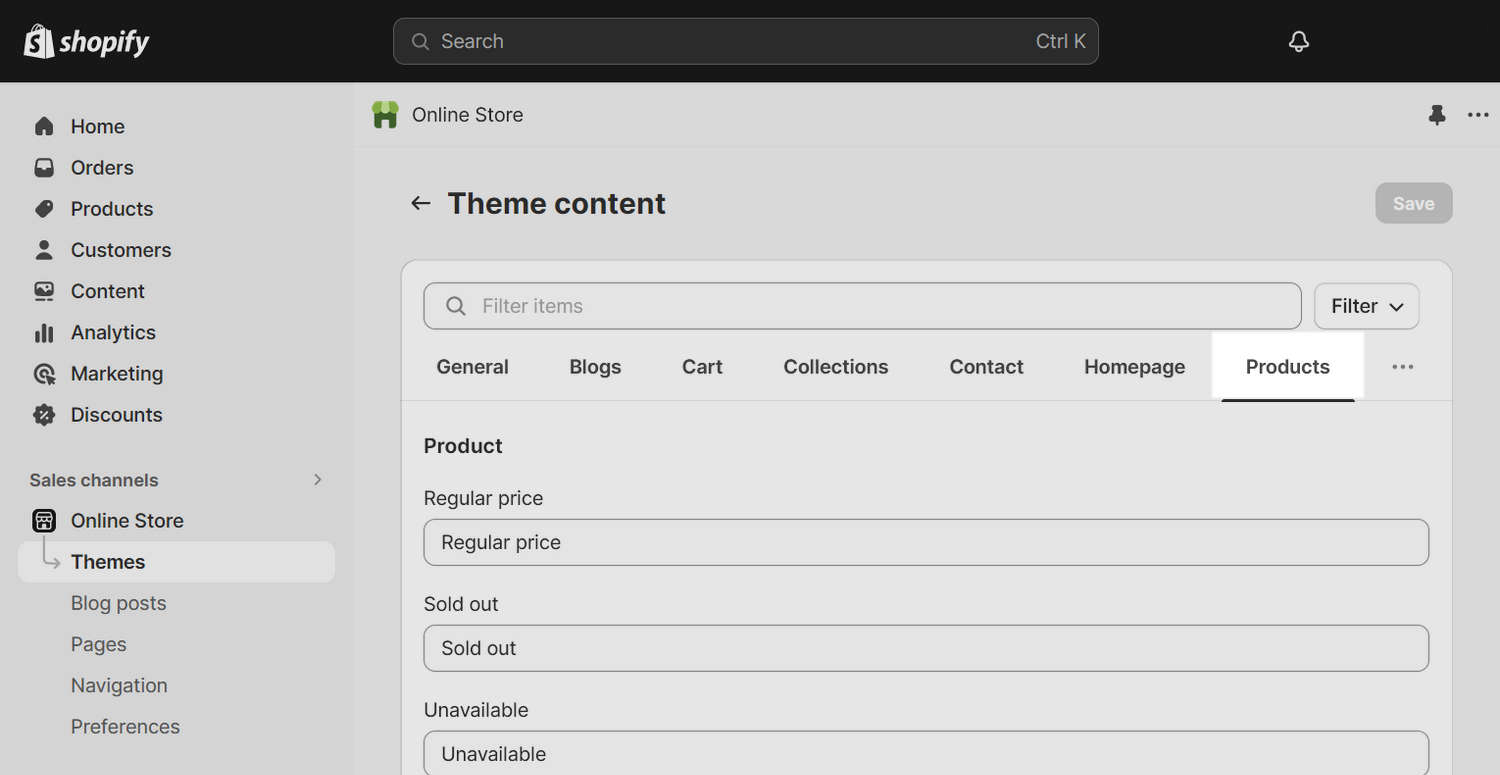 The Products tab selected on the Theme content page in Shopify admin.