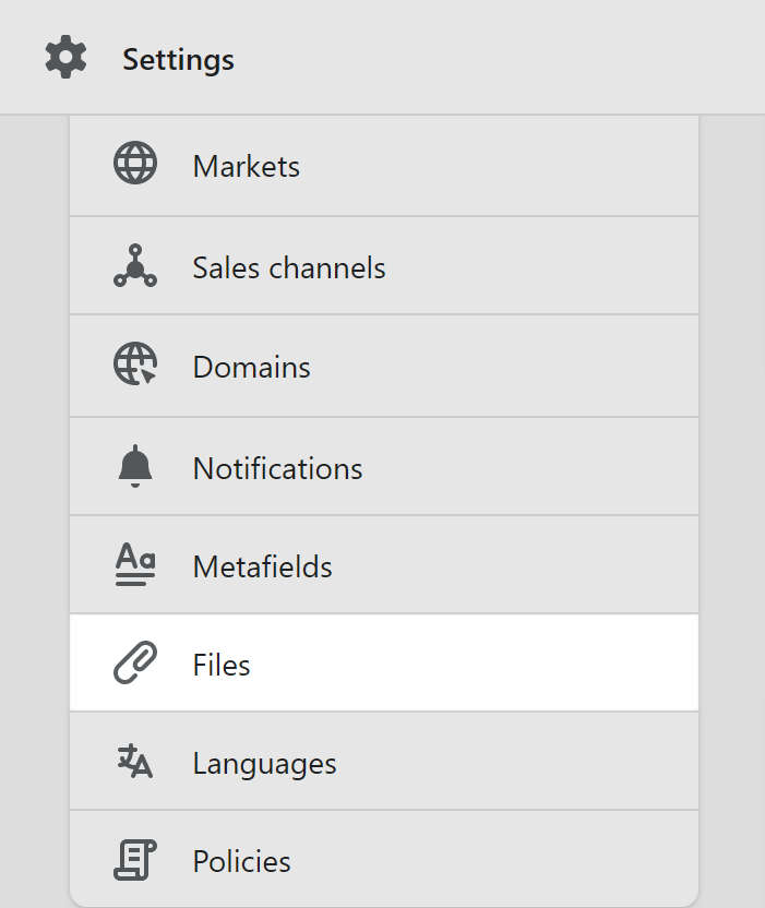 The files settings menu in shopify admin.