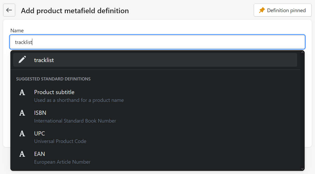 The metafield definition name menu in shopify admin.