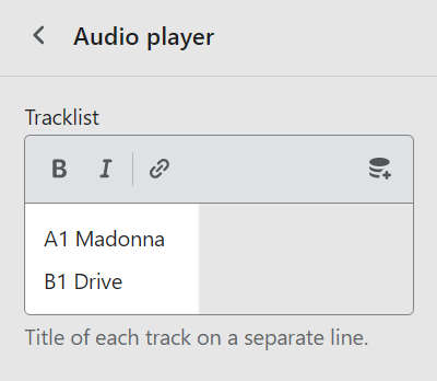 The tracklist textbox with vinyl track numbering, inside an Audio player block settings menu, in Theme editor.