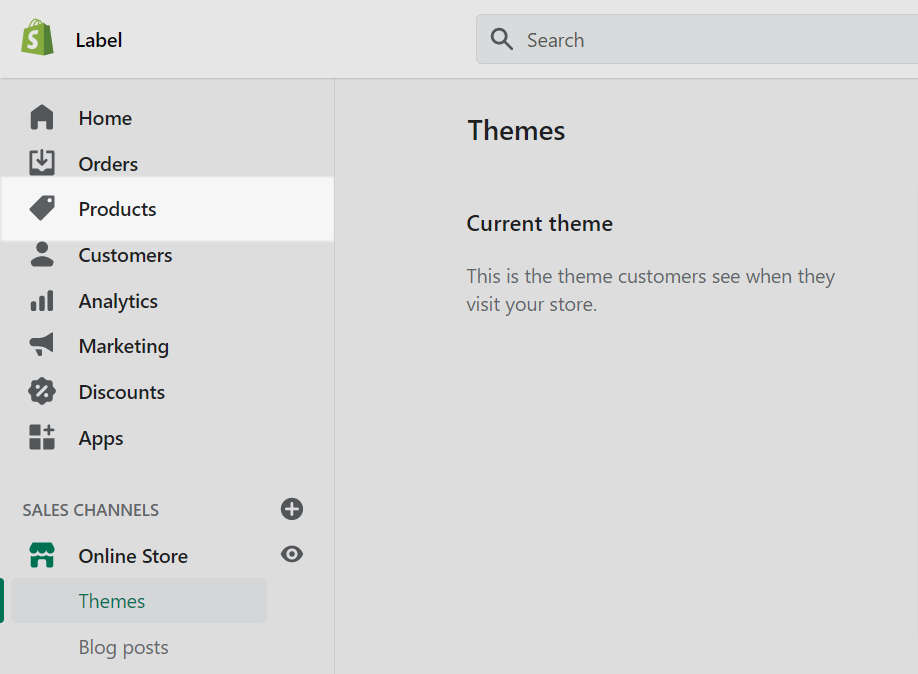 The products menu in Shopify admin.