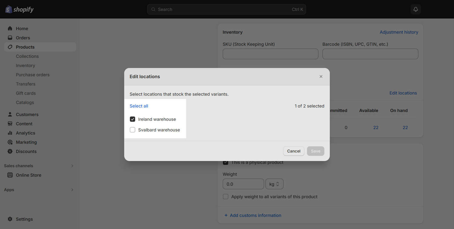 The Select locations option on a Product page in Shopify admin.