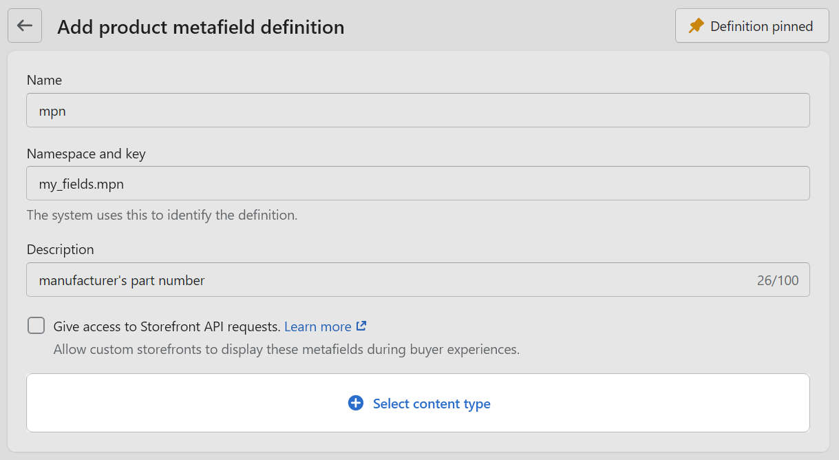 The Select content type button on the metafield definitions page in Shopify admin.