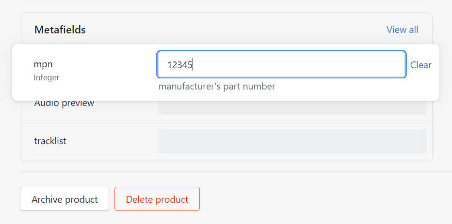 Example values in the metafields area of a product page in Shopify admin.