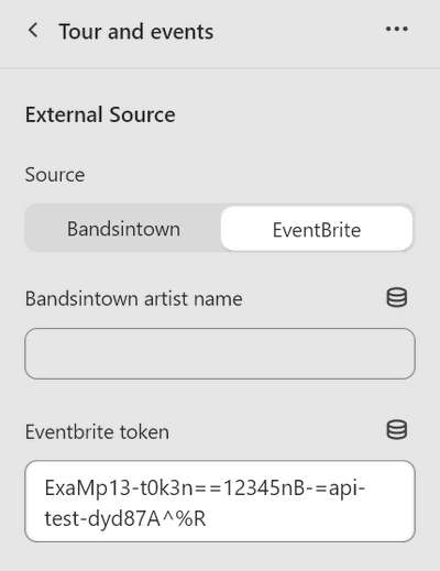The options for adding Eventbrite to a Tour and events section in the Theme editor menu.