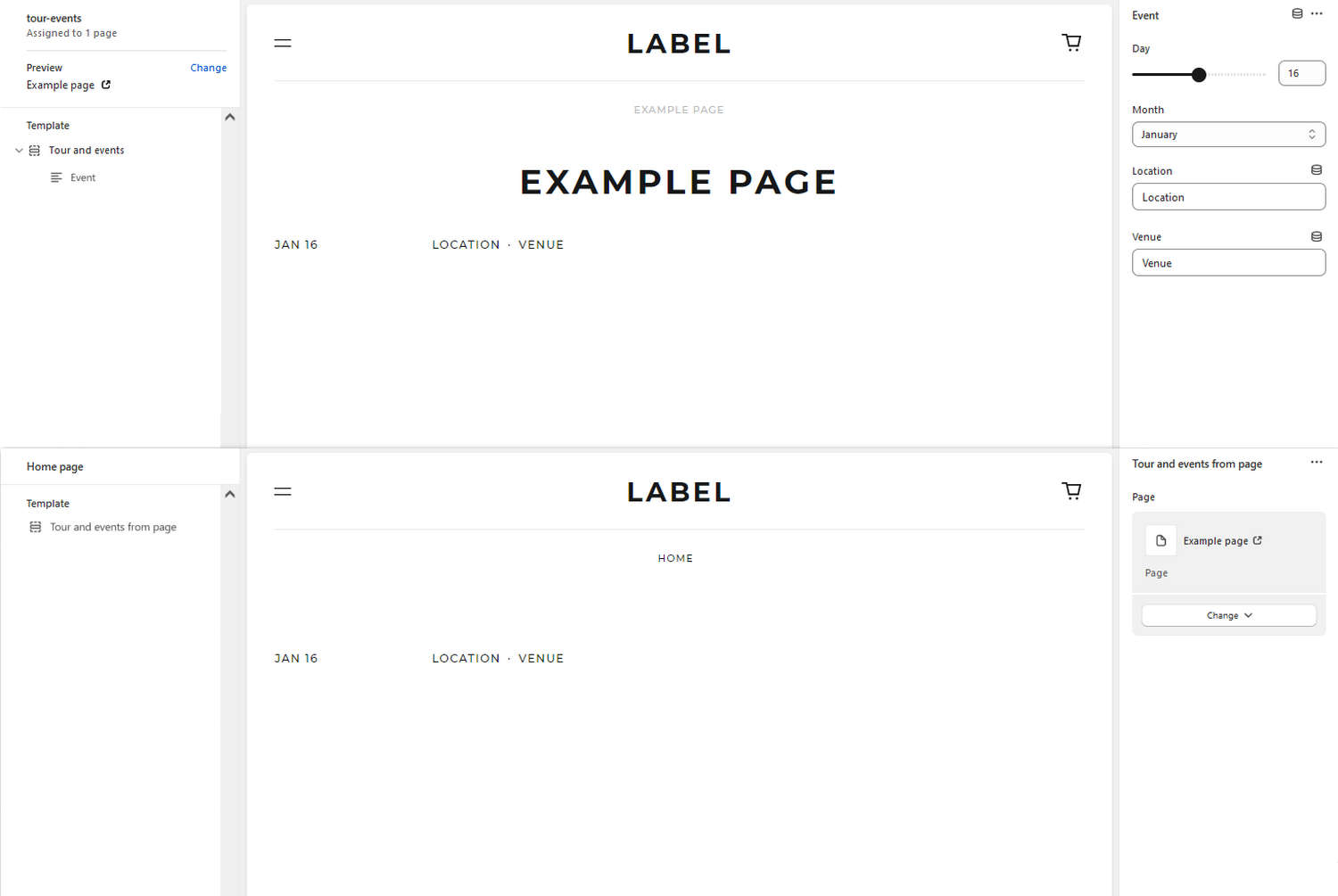 Example target and source pages in Theme editor.