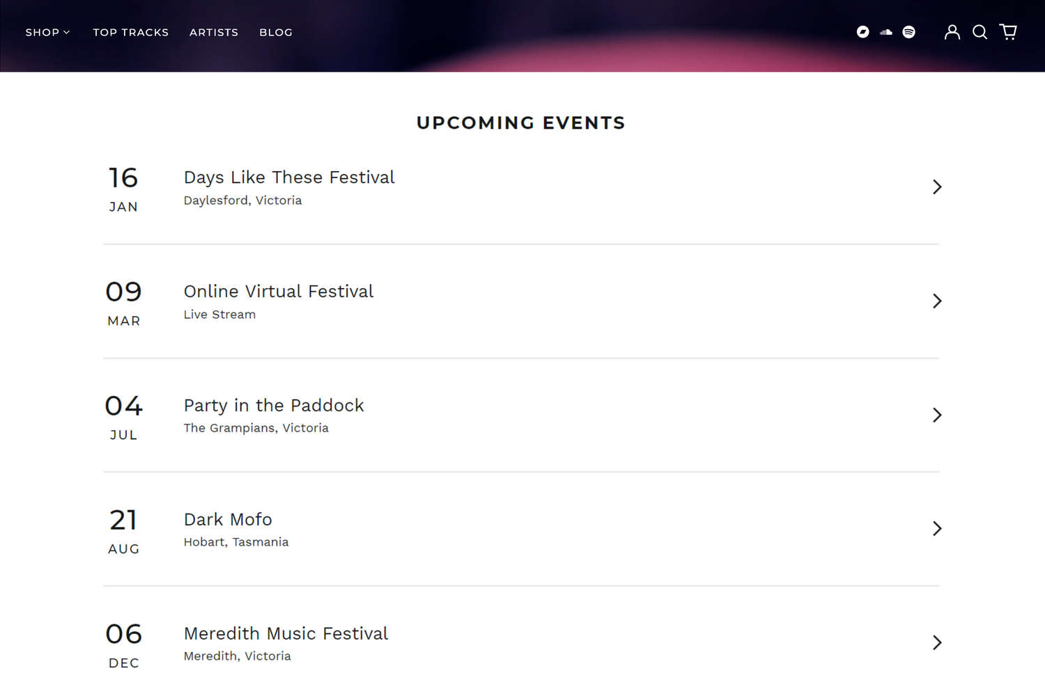 A tour and events list displayed on an example homepage.