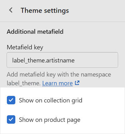 The metafield checkbox options inside the Theme settings Product menu in Theme editor.