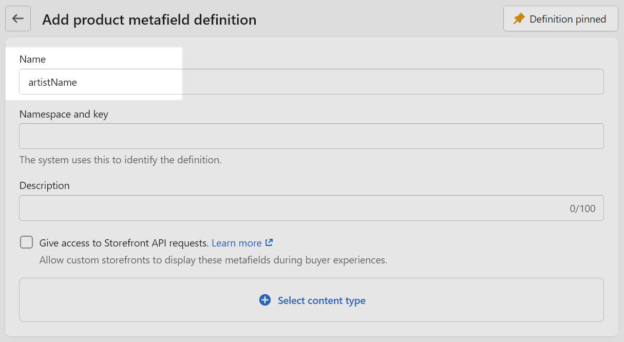 The metafield name text entry box in Shopify admin.