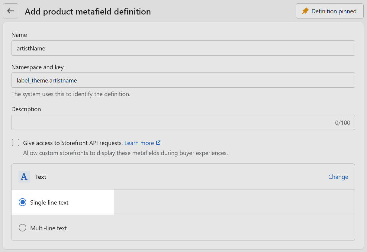 The Single line text content type selected on the metafield definitions page in Shopify admin.