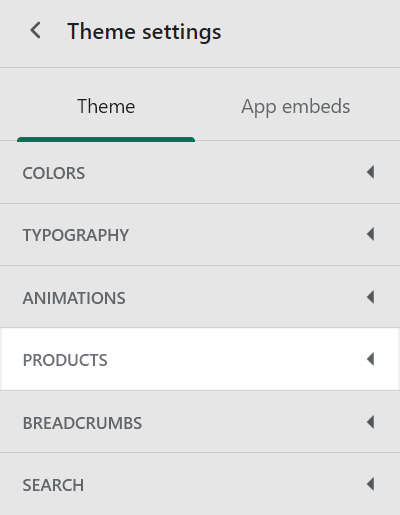 The Theme settings menu in Theme editor.