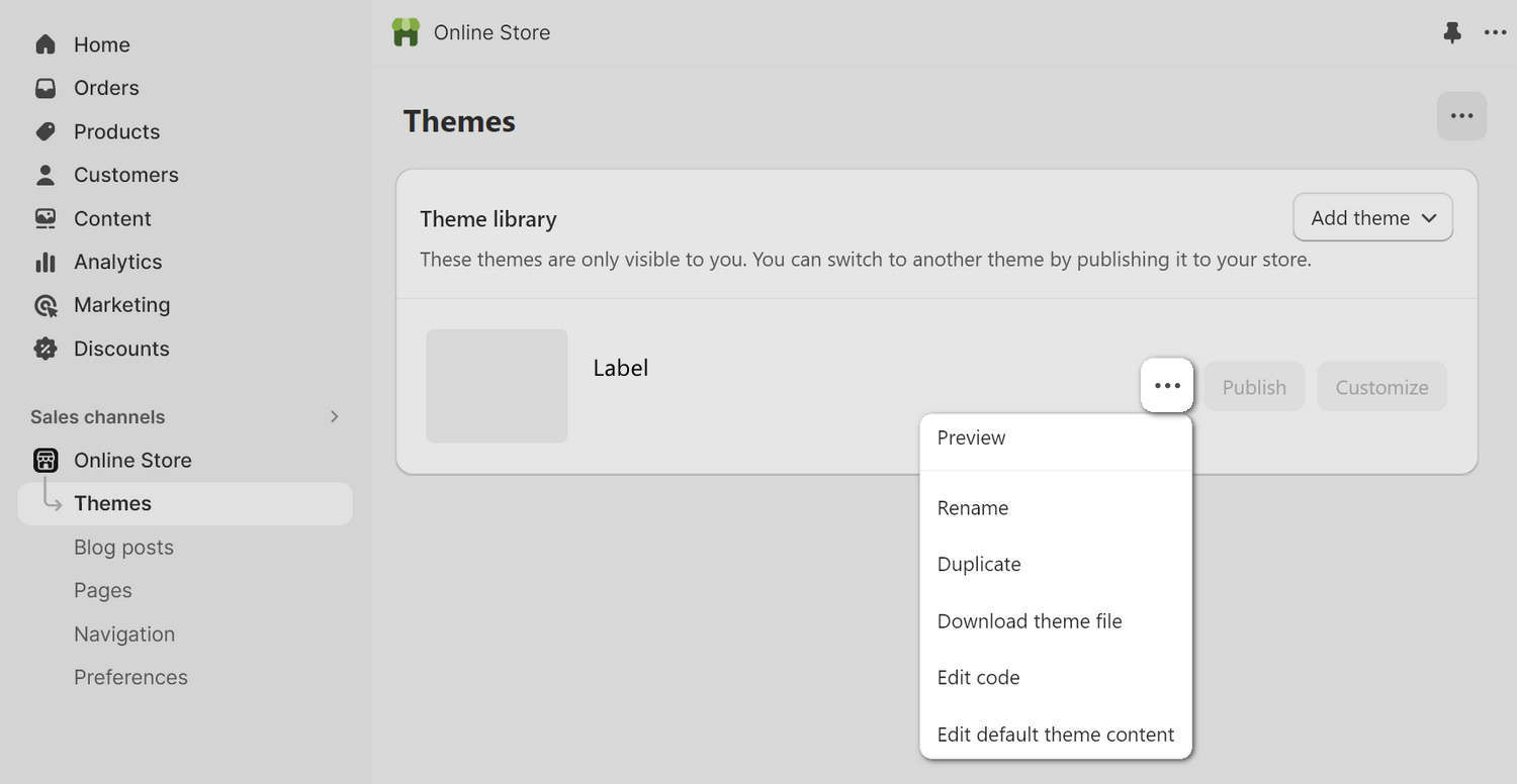 The Label theme pane in Shopify admin.