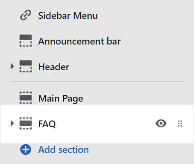 The FAQ section select in the Theme editor side menu.