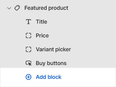 The add block options for the Featured product section in theme editor