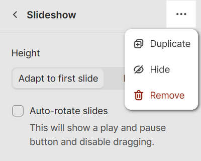 The duplicate image slide block option for a slideshow section in Theme editor