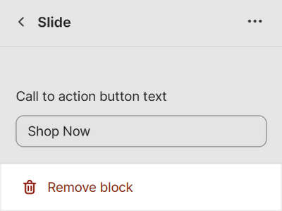 The remove image slide block option for a slideshow section in Theme editor