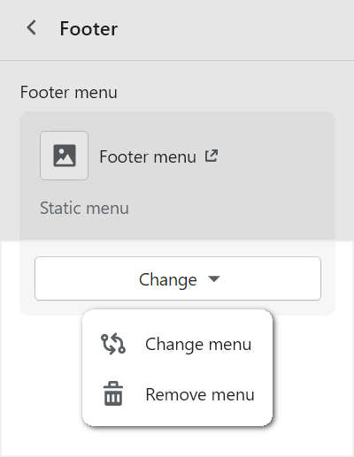 The menu modification options in Theme editor for the footer section