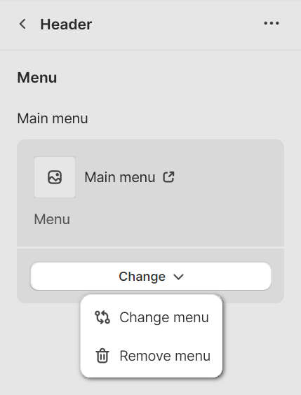 TThe menu modification options in Theme editor for the Header section