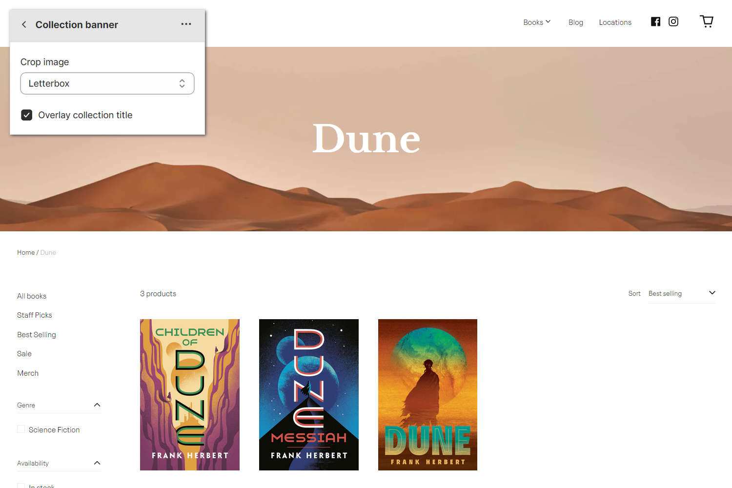 An example Collection banner section selected in Theme editor.