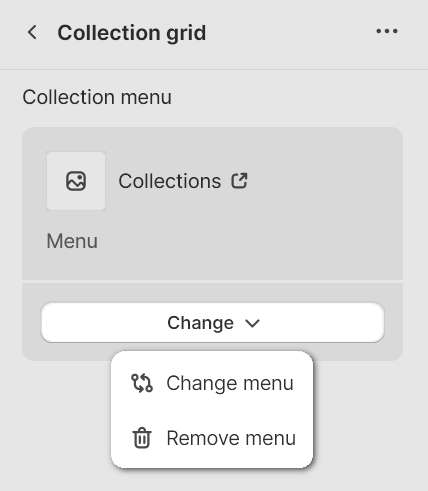 The navigation menu options inside the Collection grid section of Theme editor.