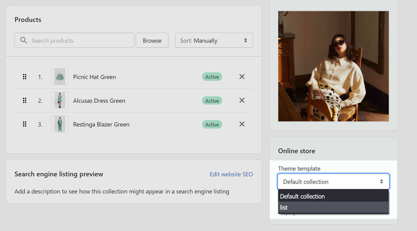 The Theme template dropdown, inside the Online store pane, on a Collection page in Shopify admin.