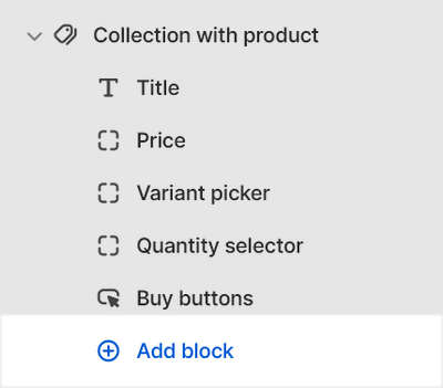 The add block options for the Collection with product section in Theme editor.