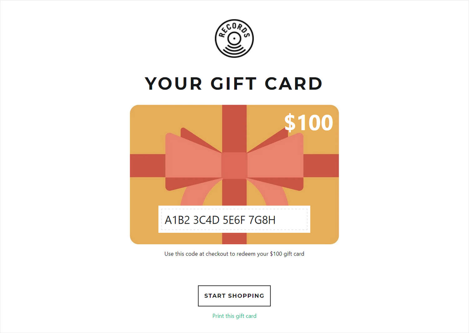 An example Gift card section on a store's gift card page.