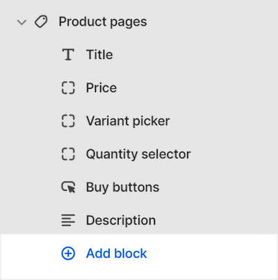The add block options for the product pages section in Theme editor.