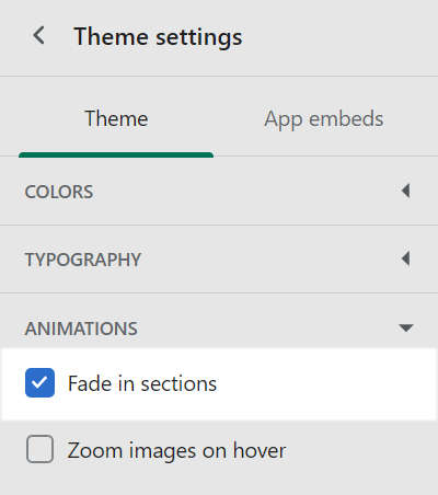 The Fade in section checkbox option in Theme settings.