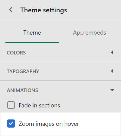 The Zoom images on hover checkbox option in Theme settings.