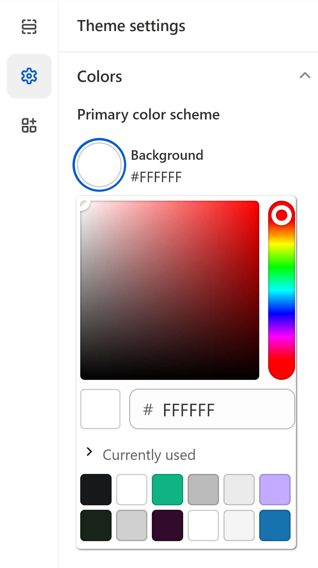 The Theme settings color picker for adjusting the Primary color scheme's background color setting in Theme editor.