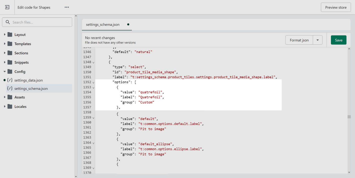 An example custom shape definition added into the settings_schema.json file in the Code editor.