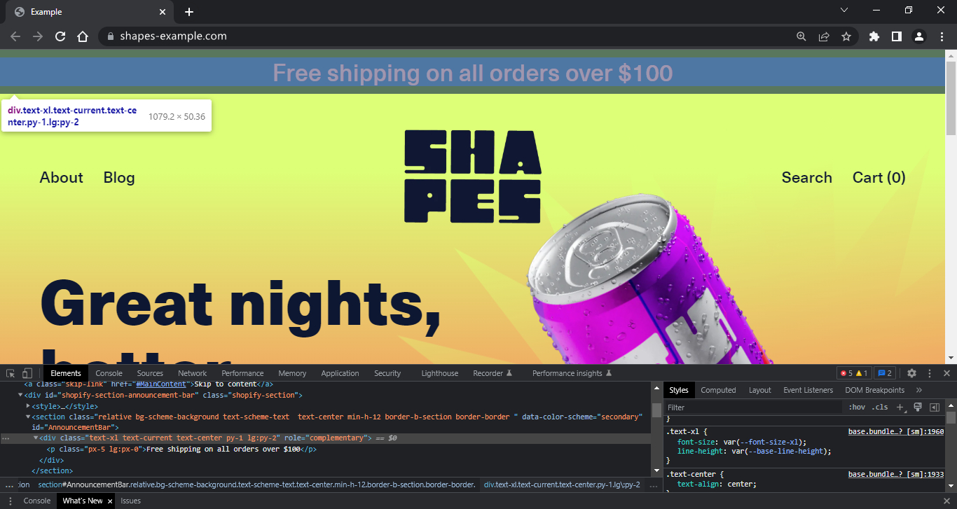 Homepage for Shapes' Neon demo store with an updated div element
 selected in Web inspector.