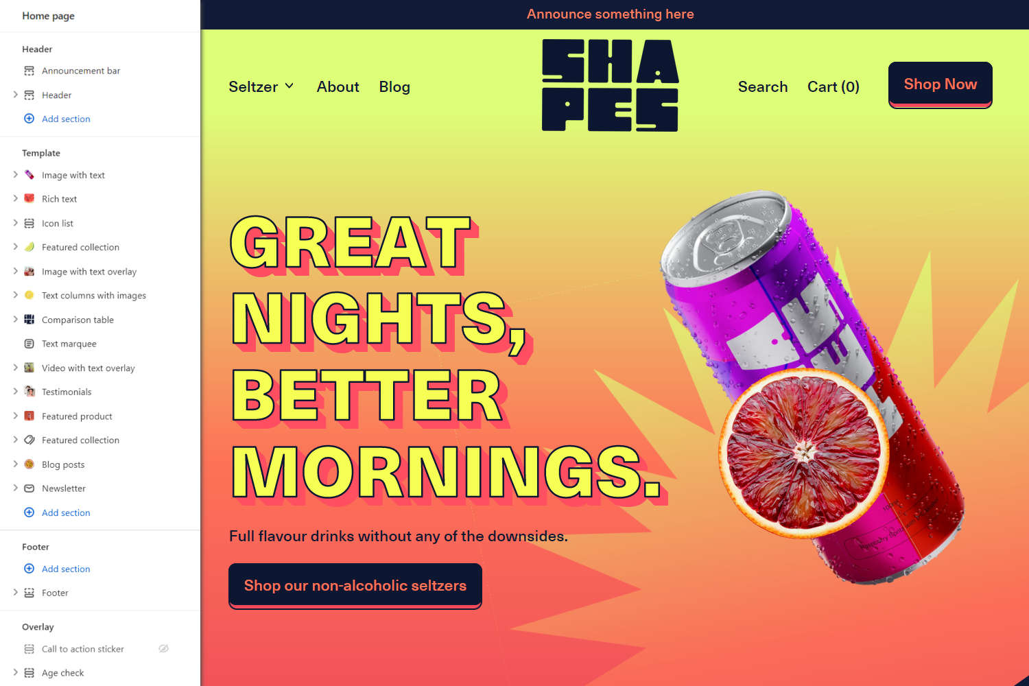 Example Homepage that displays Shapes' Neon preset Theme style with Theme editor's home page sections menu.