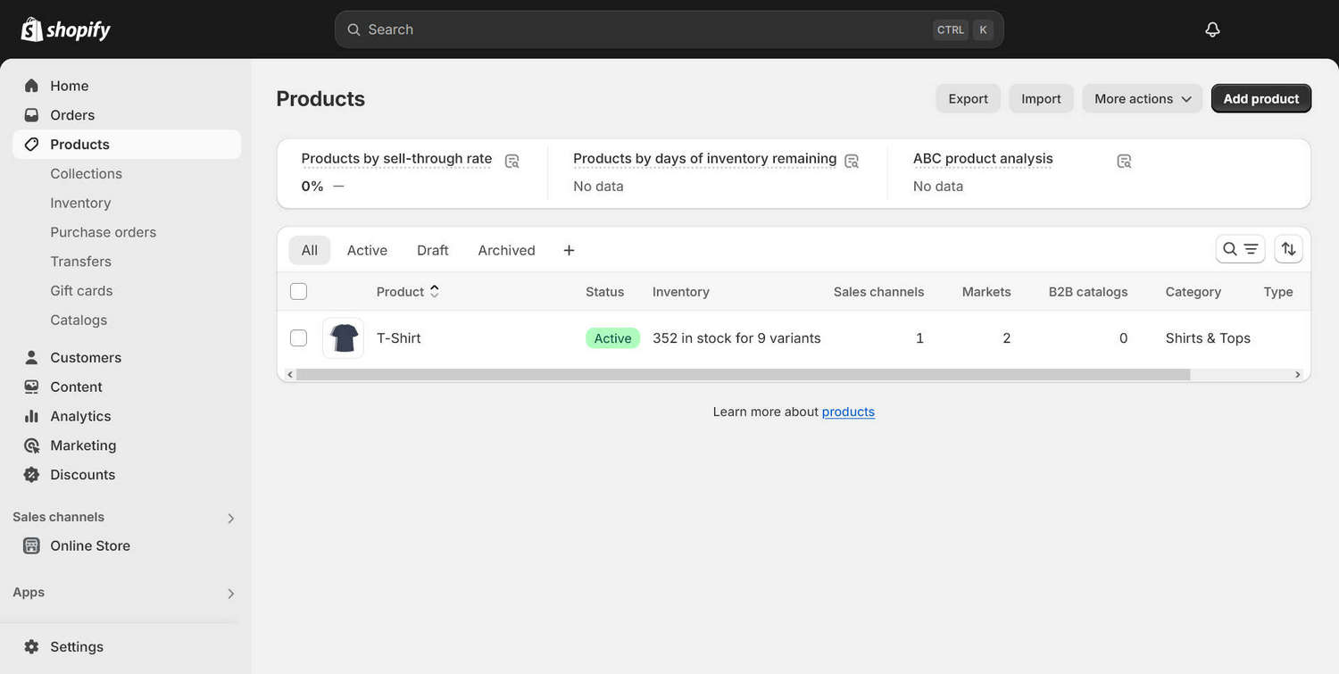 The Products menu in Shopify admin.